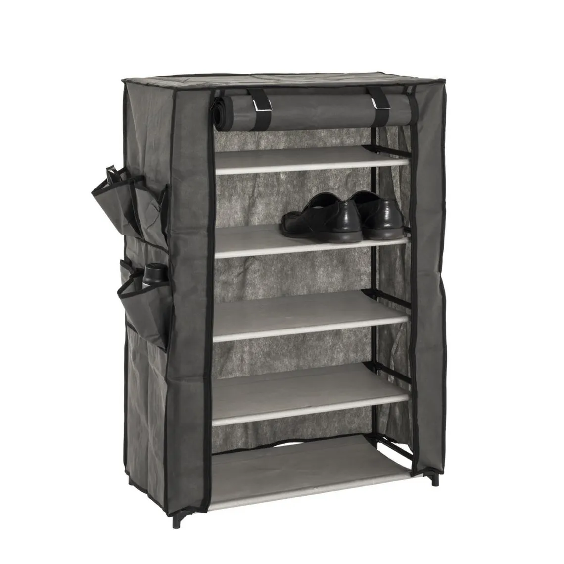 Armoire rangement chaussures en tissu avec compartiments en toison synthétique gris et structure en tube d'acier  | 3 Sui
