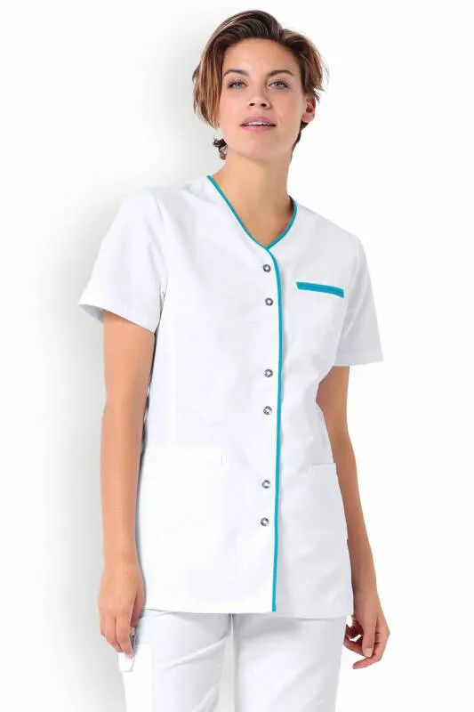 Blouse Beauté Femme - Boutonnée blanc/turquoise