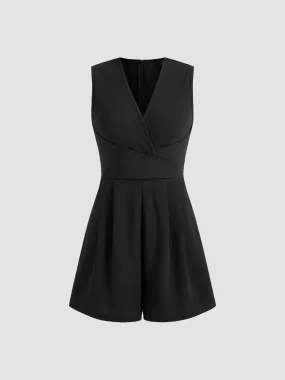 Combishort plissé à col en V avec poche unie