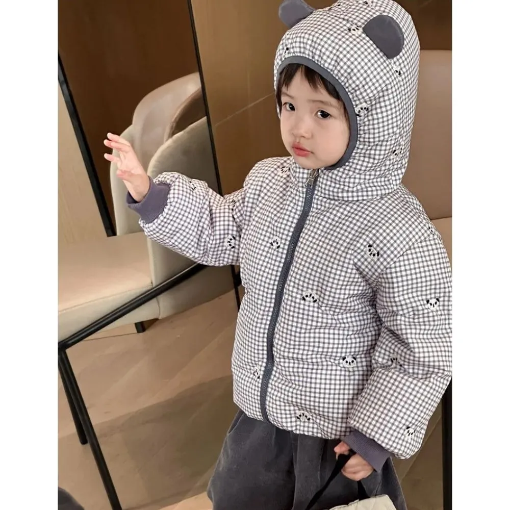 Doudoune réversible à carreaux panda ou dino pour enfant • 