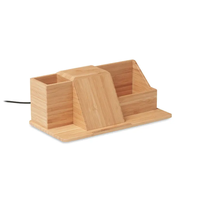 Organiseur de bureau avec chargeur sans fil en bambou - 10W - GROOVY - Vertlapub