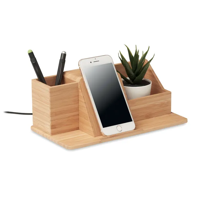 Organiseur de bureau avec chargeur sans fil en bambou - 10W - GROOVY - Vertlapub