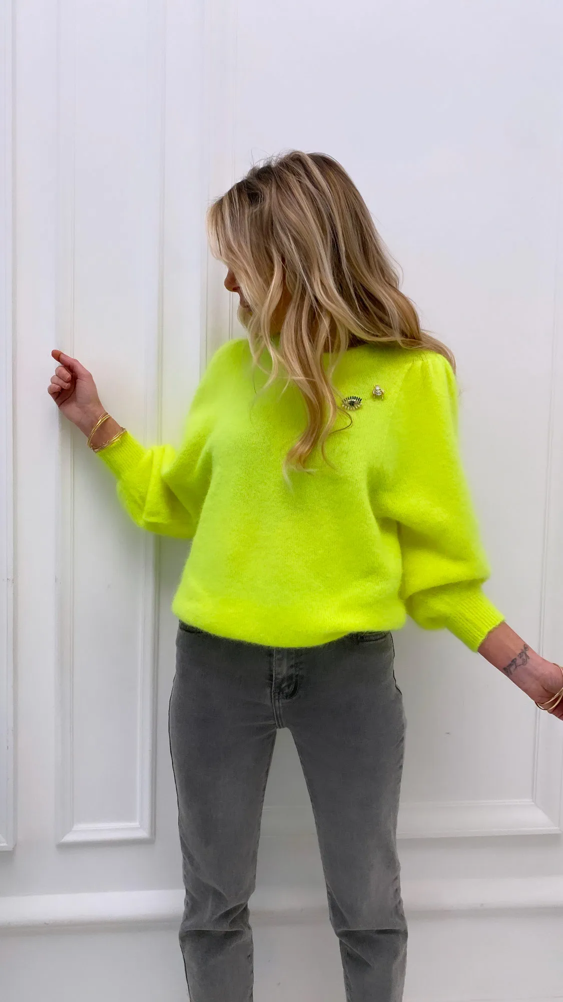 Pull jaune fluo avec alpaga col rond