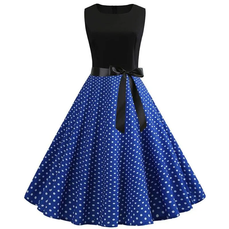 Robe Guinguette  Bleue à Pois Blancs