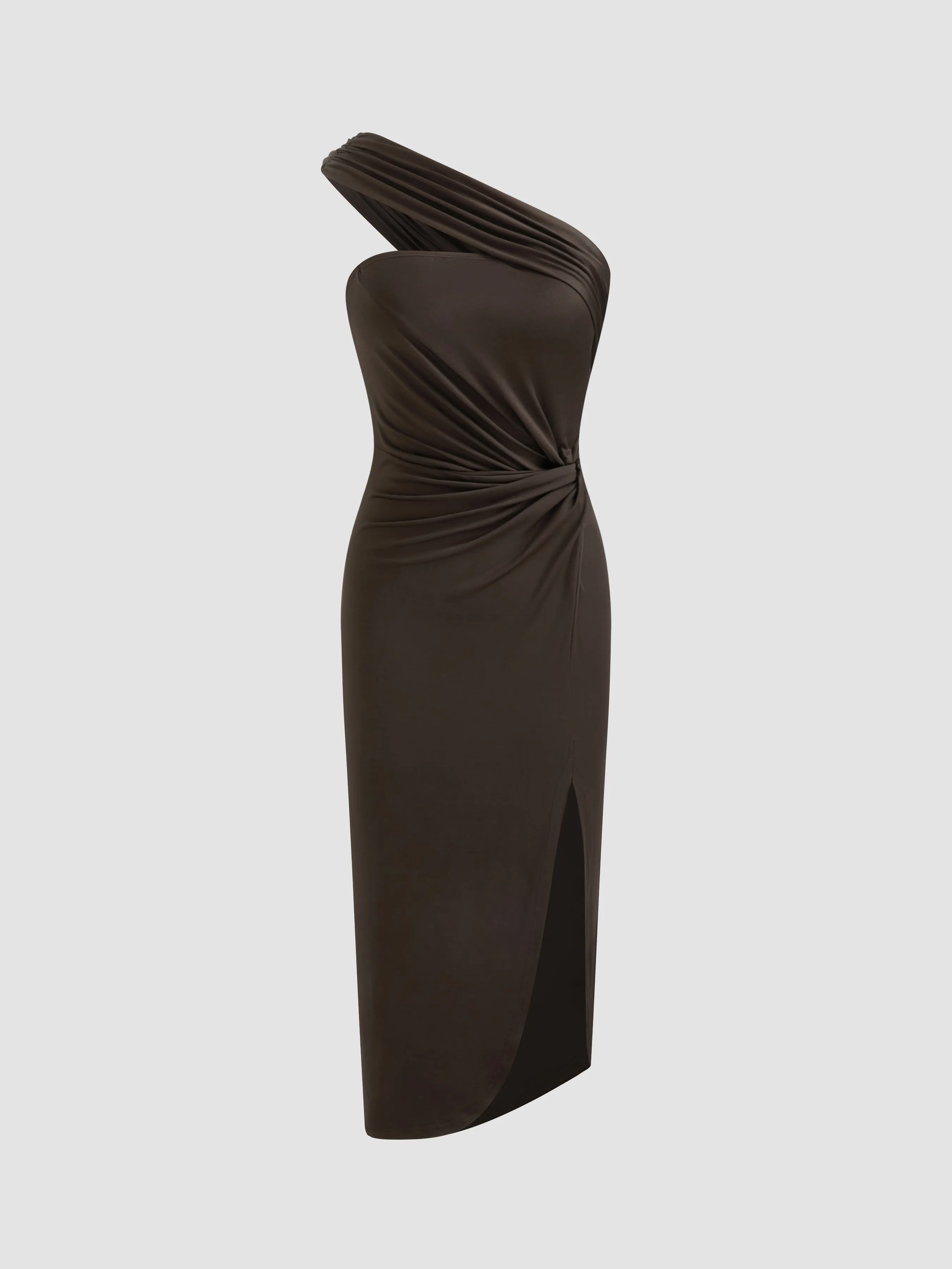 Robe longue fendue froncée à encolure asymétrique unie