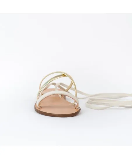 Sandale plate cuir beige et platine
