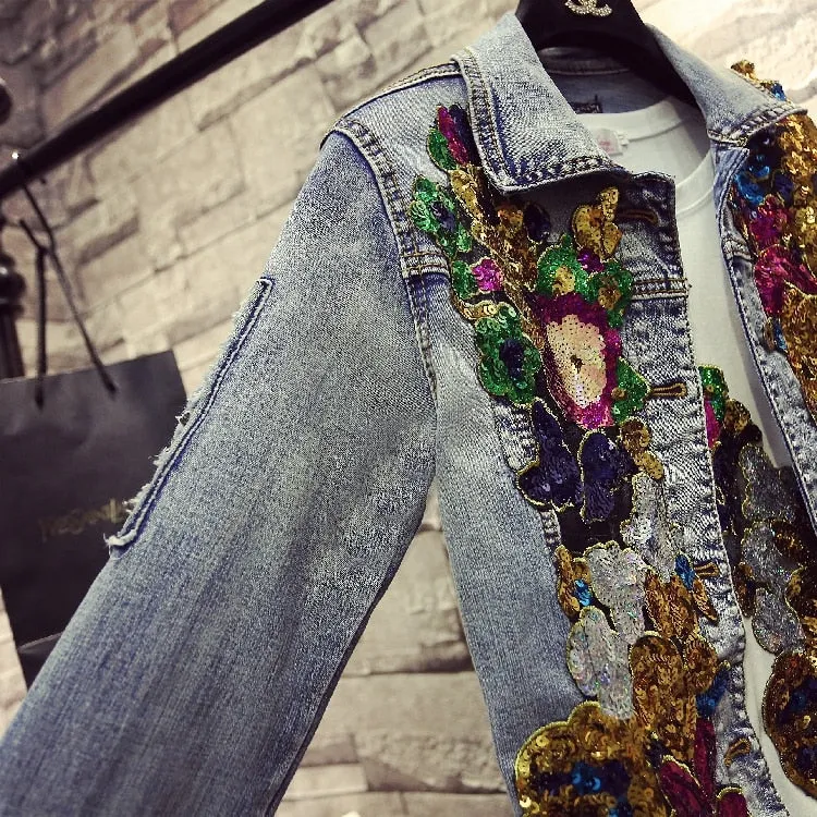 Veste Hippie Jean Fleuri Clair